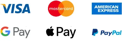 Visa, MasterCard, American Express, PayPal, Google Pay, Apple Pay
